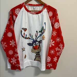 Exclusive Reindeer Holiday Novelty Print Shirt Top XXL Red White Raglan Pullover